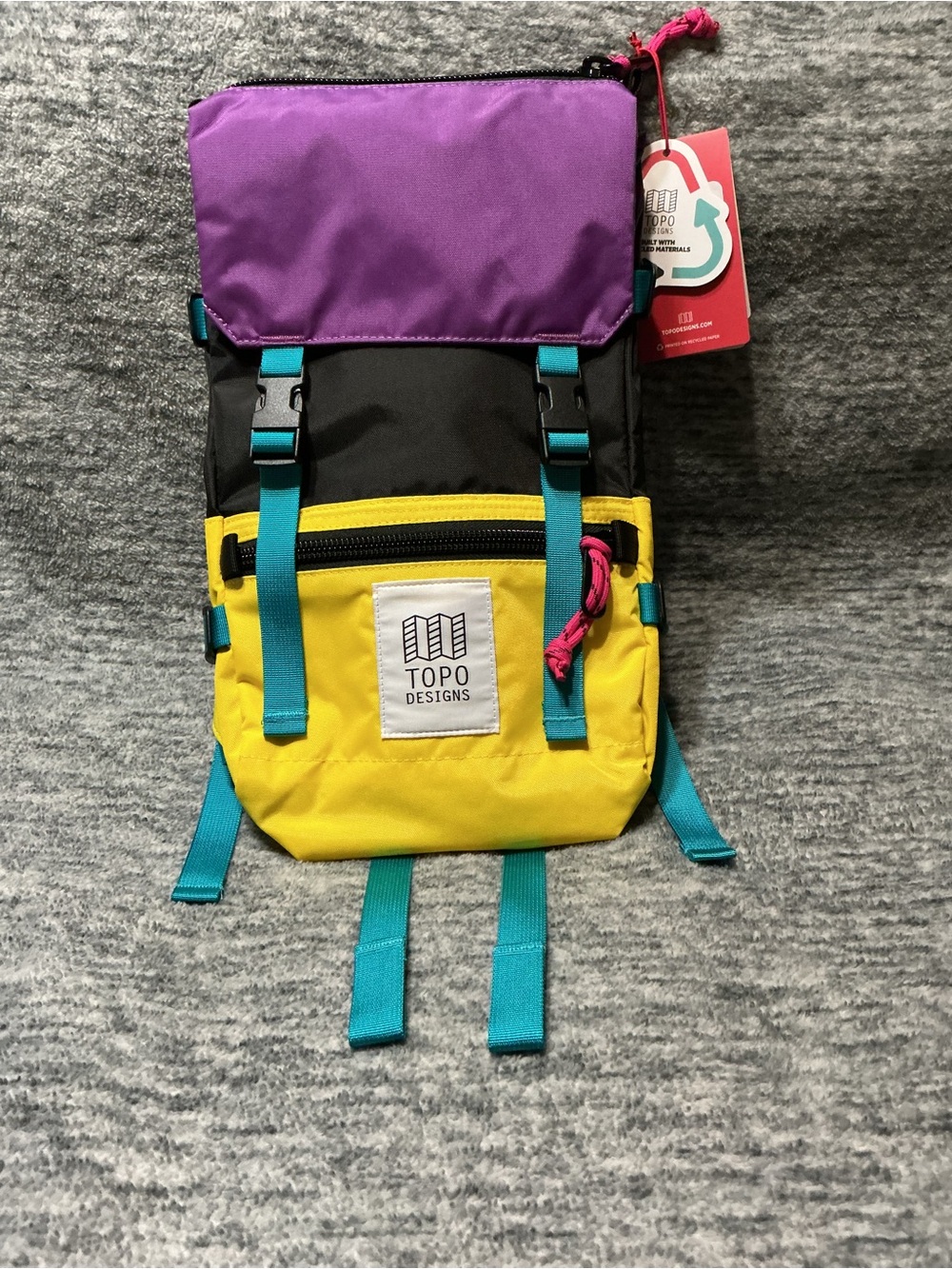 Topo Designs Purple Black Yellow Small Backpack with Teal Straps